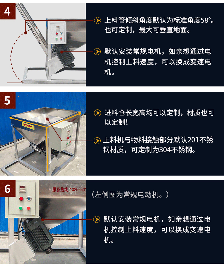 不銹鋼螺旋輸送采用304/316L不銹鋼材質，使用變電機，可滿足客戶的多樣化需求